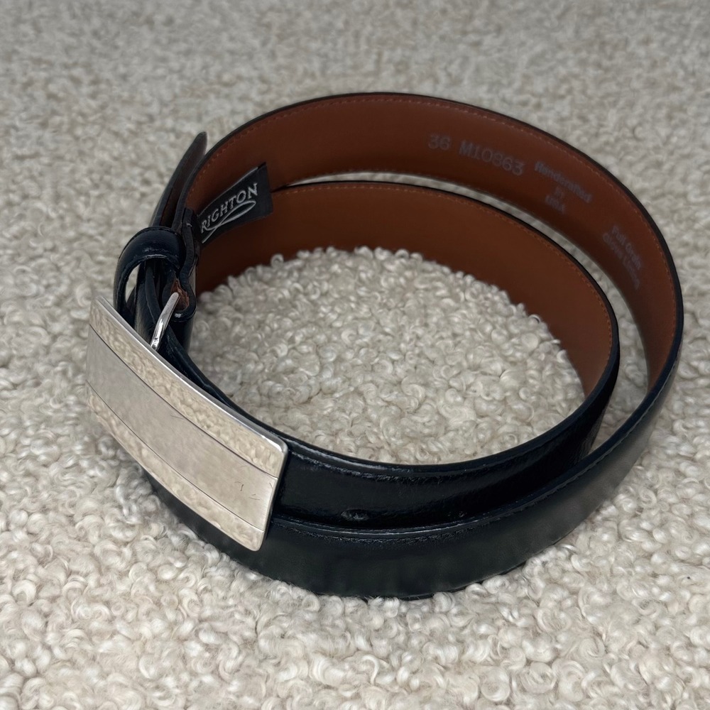 Brighton Mens Black Leather Belt 36 Silver Plaque Buckle USA Made